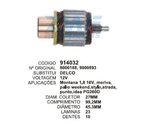 Induzido Motor Partida Montana Meriva Palio Stylo Strada PG 12V